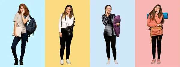 Set Donne Viaggio Fotografo Studente Pigiama Con Mal Denti — Foto Stock