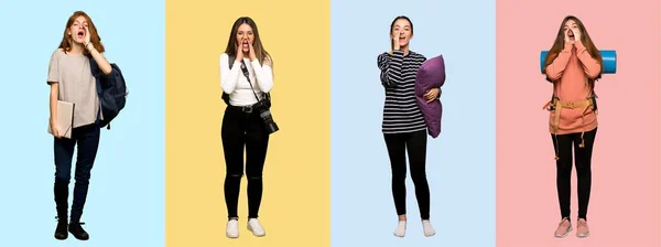 Zestaw Kobiet Podróżujących Fotograf Student Piżamie Krzycząc Ogłaszając Coś — Zdjęcie stockowe