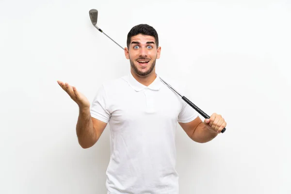 Handsome Young Golfer Player Man Isolated White Background Shocked Facial — ストック写真