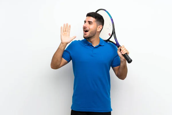 Handsome Young Tennis Player Man Isolated White Wall Shouting Mouth — ストック写真