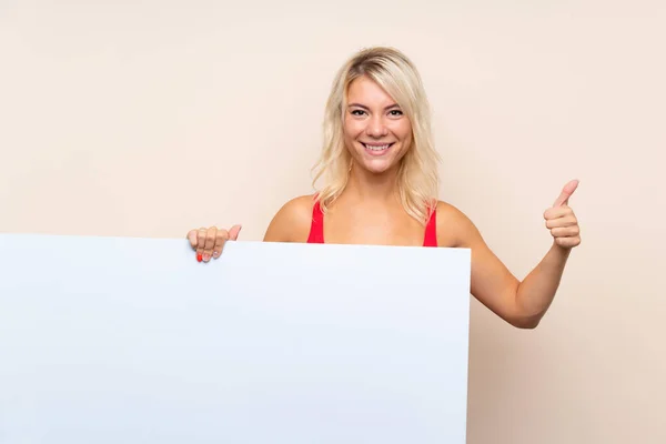 Young Blonde Woman Isolated Background Holding Empty White Placard Insert — Stock Photo, Image