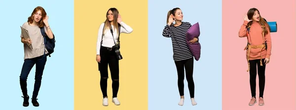 Zestaw Kobiet Podróżujących Fotograf Student Piżamie Słuchając Czegoś Kładąc Rękę — Zdjęcie stockowe