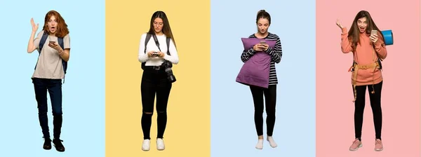 Reisegruppe Frau Fotograf Studentin Und Pyjama Überrascht Beim Senden Einer — Stockfoto