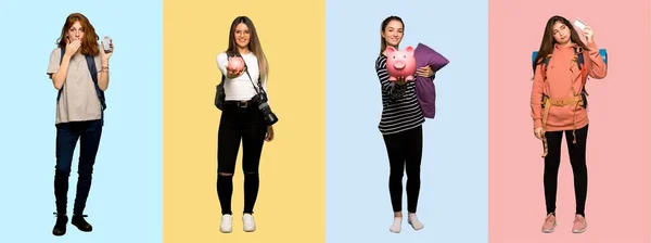 Set Donne Viaggio Fotografa Studentessa Pigiama Con Telefono Rotto — Foto Stock