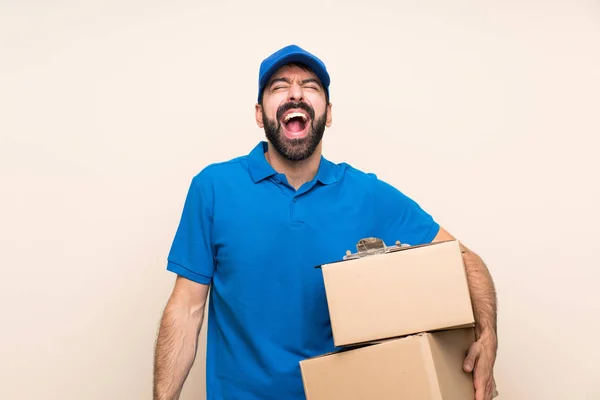 Delivery Man Beard Isolated Background Shouting Front Mouth Wide Open — Stock Photo, Image