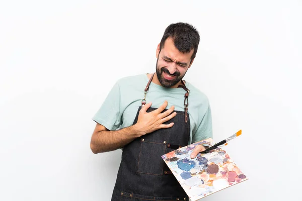Mladý Umělec Muž Drží Paletu Přes Izolované Pozadí Bolestí Srdci — Stock fotografie