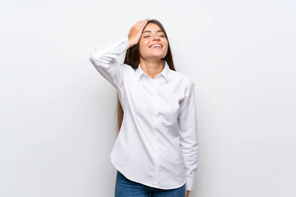 Junge Frau Über Isoliertem Weißen Hintergrund Lacht — Stockfoto