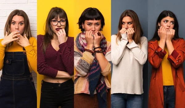 Set Donne Nervose Spaventate Mettere Mani Bocca — Foto Stock