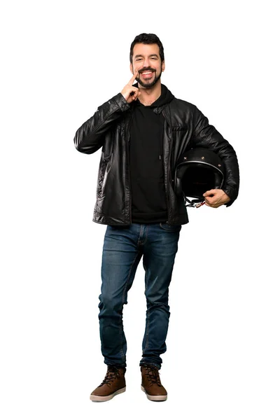 Full Length Scatto Biker Uomo Sorridente Con Una Felice Piacevole — Foto Stock