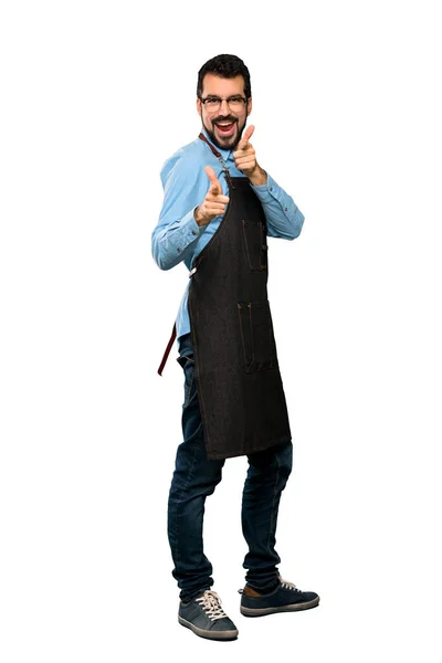 Full Length Shot Man Apron Pointing Front Smiling Isolated White — Stock Photo, Image