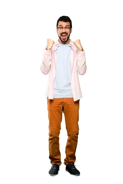 Tiro Cuerpo Entero Hombre Guapo Con Barba Celebrando Una Victoria — Foto de Stock