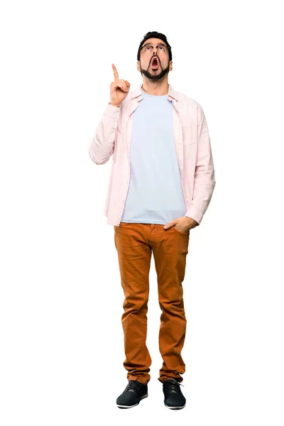 Full Length Shot Handsome Man Beard Pointing Surprised Isolated White — Stock Photo, Image