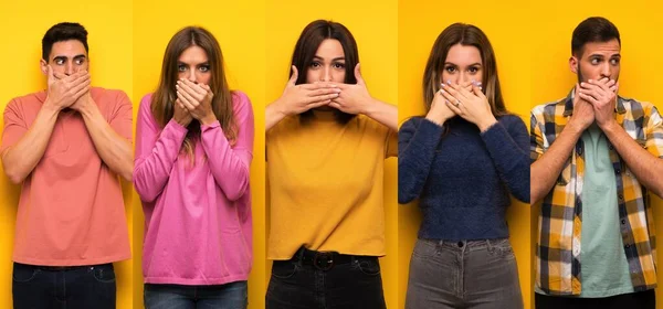 Conjunto Personas Cubriendo Boca Con Las Manos Por Decir Algo —  Fotos de Stock