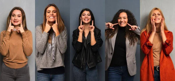 Conjunto Mujeres Sonriendo Con Una Expresión Feliz Agradable — Foto de Stock