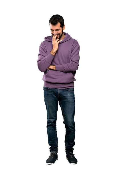 Ganzkörperaufnahme Eines Gutaussehenden Mannes Mit Sweatshirt Der Viel Über Isolierten — Stockfoto