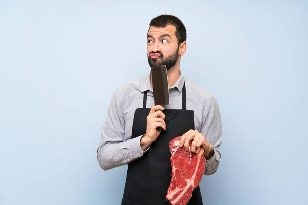 Chef Sosteniendo Pensamiento Carne Cruda —  Fotos de Stock
