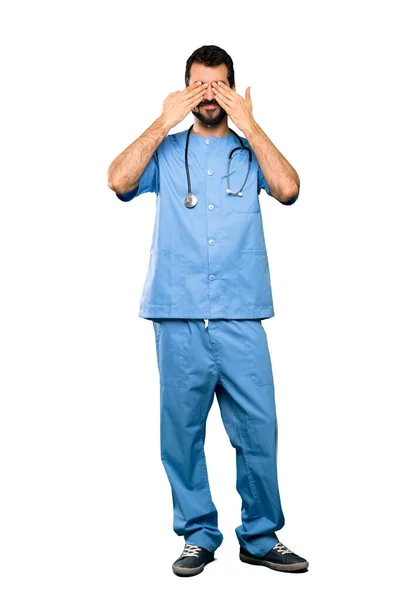 Full Length Shot Surgeon Doctor Man Covering Eyes Hands Isolated — Stock Photo, Image