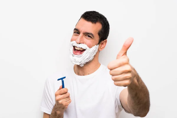 Homme Rasant Barbe Sur Fond Blanc Isolé Avec Les Pouces — Photo