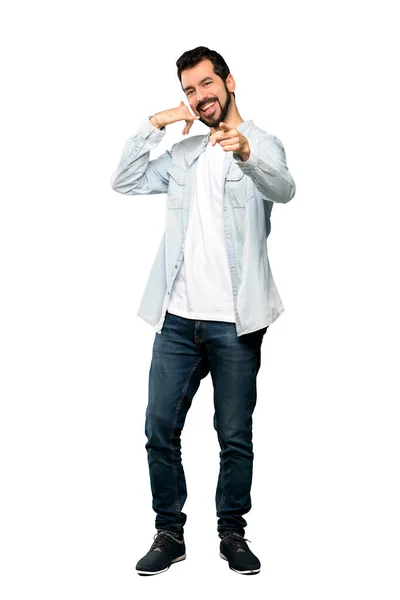 Full Length Shot Handsome Man Beard Making Phone Gesture Pointing — Stock Photo, Image