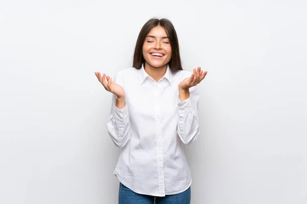 Jovem Mulher Sobre Isolado Fundo Branco Rindo — Fotografia de Stock