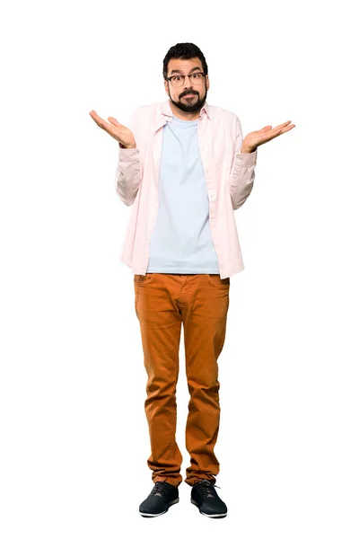 Tiro Completo Homem Bonito Com Barba Fazendo Gestos Dúvidas Sobre — Fotografia de Stock