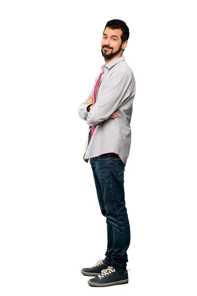 Tiro Completo Homem Bonito Com Barba Com Braços Cruzados Olhando — Fotografia de Stock