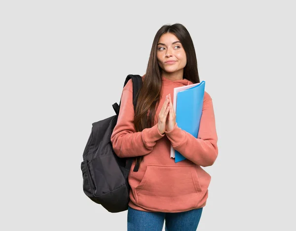 Ung Student Kvinna Som Håller Anteckningsböcker Intrigerar Något Över Isolerade — Stockfoto