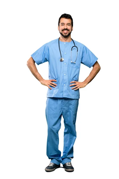 Full Length Shot Surgeon Doctor Man Posing Arms Hip Smiling — Stock Photo, Image