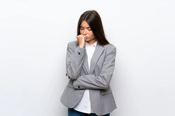 Junge Geschäftsfrau Über Isolierten Weißen Hintergrund Hat Zweifel — Stockfoto