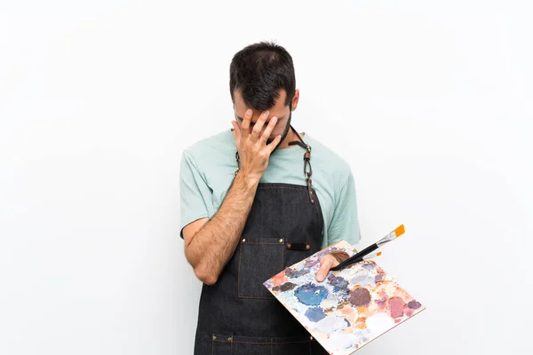 Ung Konstnär Man Håller Palett Över Isolerad Bakgrund Med Trött — Stockfoto
