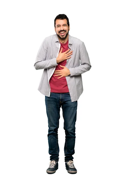 Tiro Cuerpo Entero Hombre Guapo Con Barba Sonriendo Mucho Sobre — Foto de Stock