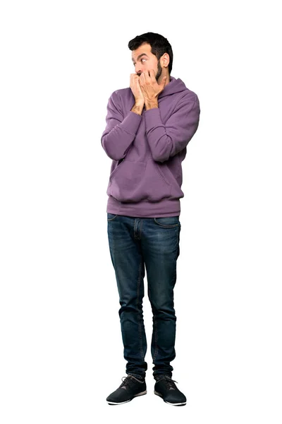 Full Length Shot Handsome Man Sweatshirt Nervous Scared Putting Hands — Stock Photo, Image