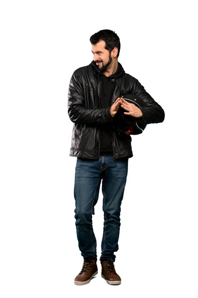 Full Length Scatto Biker Uomo Complotto Qualcosa Isolato Sfondo Bianco — Foto Stock