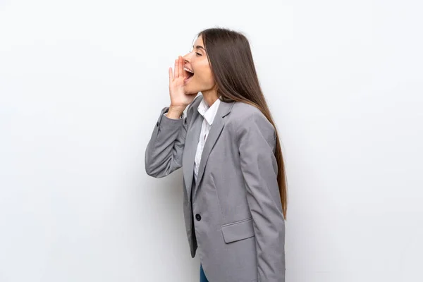 Jovem Mulher Negócios Sobre Fundo Branco Isolado Gritando Com Boca — Fotografia de Stock