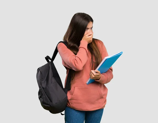 Jonge Student Vrouw Met Notitieboekjes Mond Kijken Naar Zijkant Geïsoleerde — Stockfoto