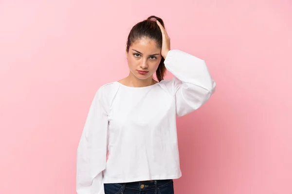 Young Brunette Girl Isolated Pink Background Expression Frustration Understanding — Stock Photo, Image