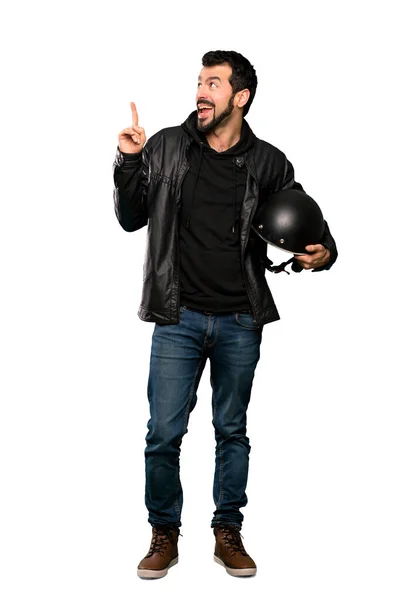 Полнометражный Снимок Человека Байкера Намеревающегося Реализовать Решение Поднимая Палец Изолированном — стоковое фото