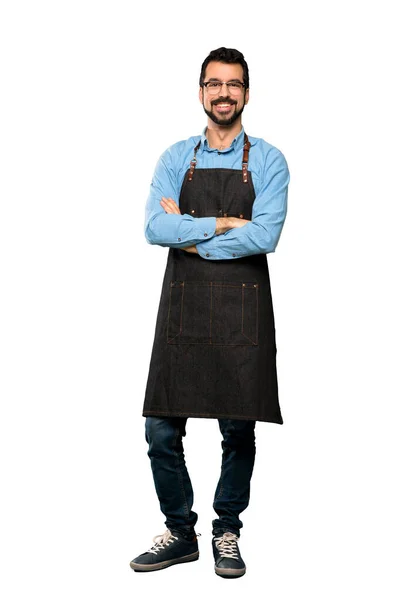 Full Length Shot Man Apron Glasses Happy Isolated White Background — Stock Photo, Image