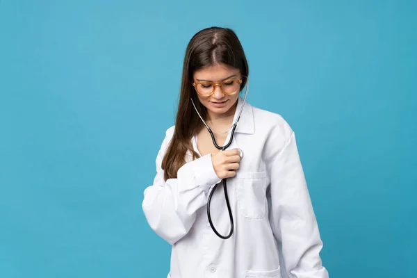 Young Woman Isolated Blue Background Doctor Gown — Stock Photo, Image