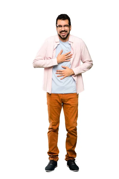 Tiro Cuerpo Entero Hombre Guapo Con Barba Sonriendo Mucho Sobre — Foto de Stock