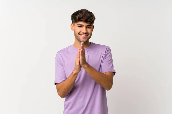 Joven Hombre Guapo Sobre Fondo Blanco Aislado Aplaudiendo Después Presentación — Foto de Stock