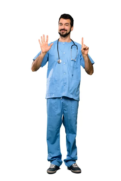 Full Length Shot Surgeon Doctor Man Counting Six Fingers Isolated — Stock Photo, Image