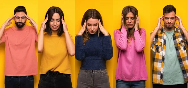 Conjunto Personas Con Dolor Cabeza —  Fotos de Stock