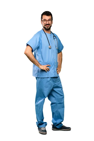 Ganzkörperaufnahme Des Chirurgen Arzt Mann Mit Brille Und Lächeln Über — Stockfoto