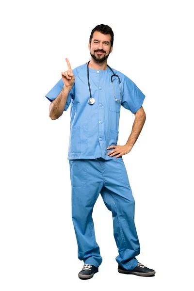 Full Length Shot Surgeon Lekarz Człowiek Pokazując Podnosząc Palec Znak — Zdjęcie stockowe