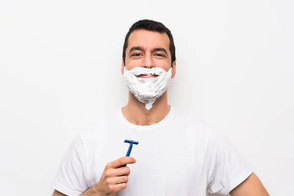 Homme Rasant Barbe Sur Fond Blanc Isolé Posant Avec Les — Photo
