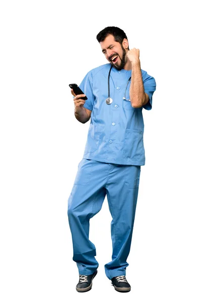 Full Length Shot Surgeon Doctor Man Phone Victory Position Isolated — Stock Photo, Image