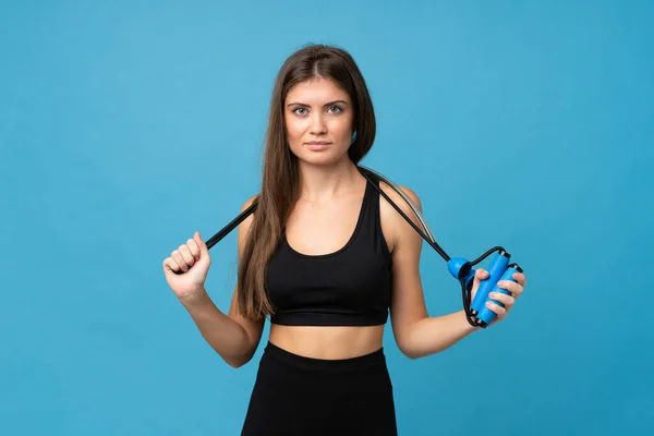 Chica Joven Mujer Sobre Fondo Aislado Con Saltar Cuerda —  Fotos de Stock