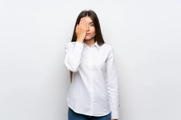 Young Woman Isolated White Background Covering Eye Hand — Stock Photo, Image