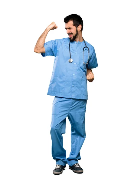 Full Length Shot Surgeon Doctor Man Celebrating Victory Isolated White — Stock Photo, Image